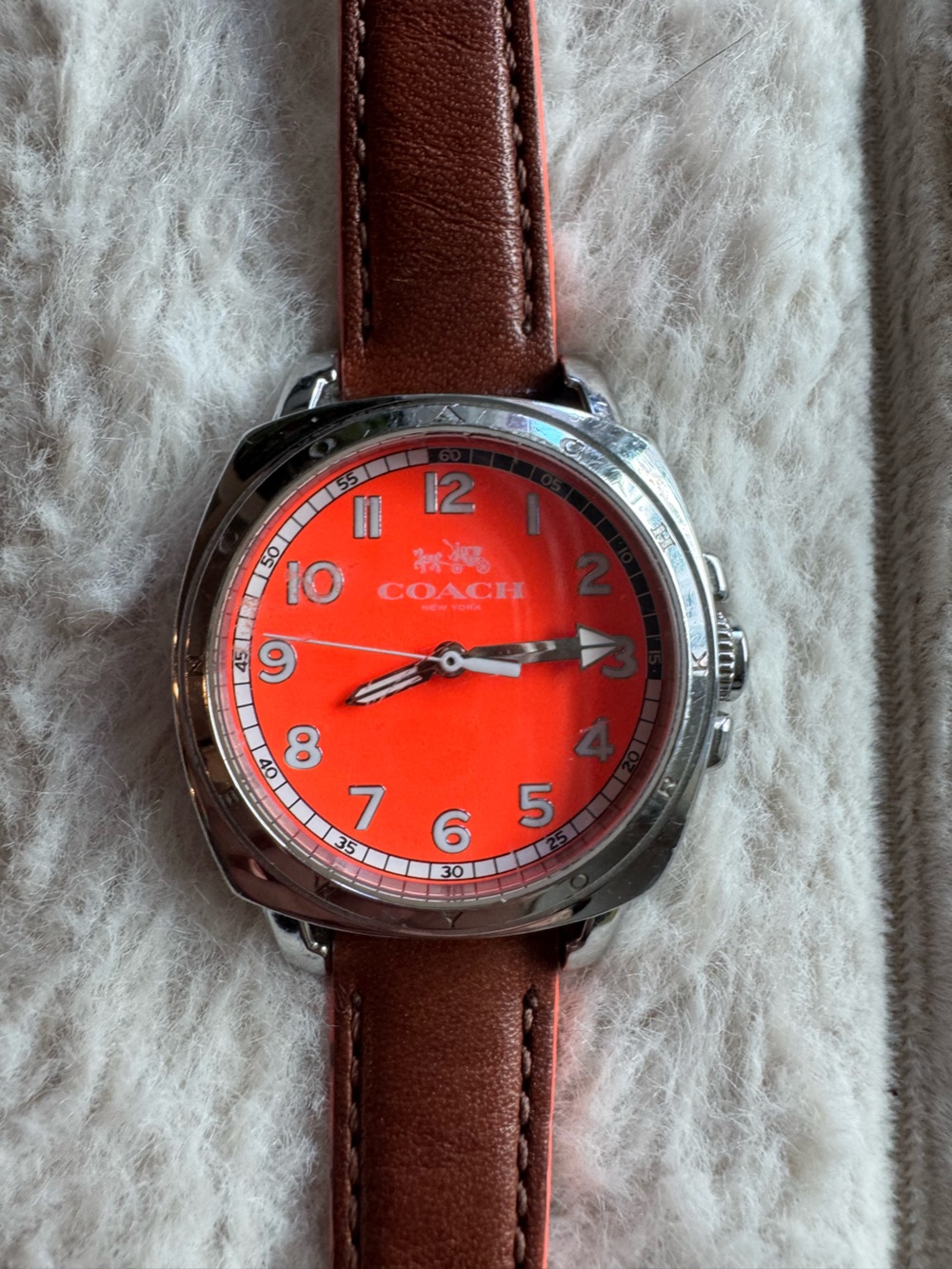 Coach Stainless Steel Orange Dial Leather Strap Watch CA.64.7.14.0980